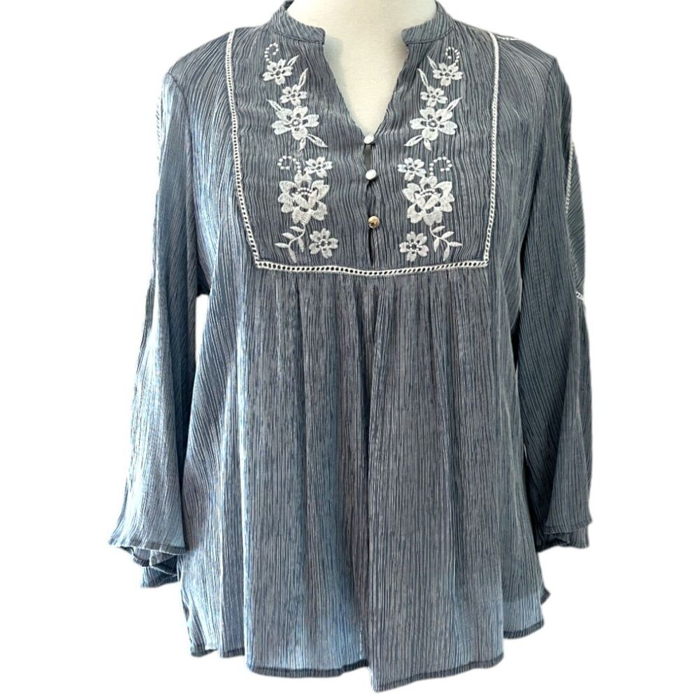 Tommy Hilfiger Women's Embroidered Crinkle Peasant Top -Gray Size Large